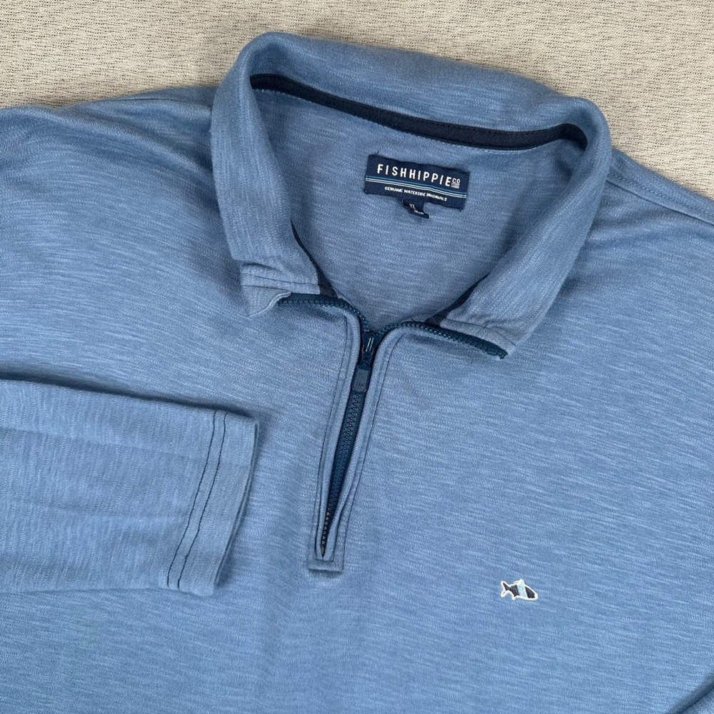 Fish Hippie Co 1/4 Zip Pullover Mens XL Blue Slub Knit Long Sleeve Shirt